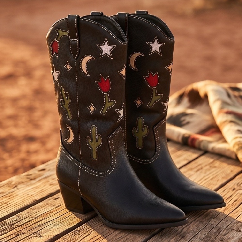 No Boundaries 8 Novel West Boot Black Multi Embroidered Cactus Moon Star NWT‎